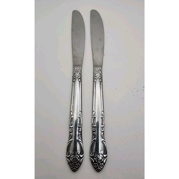 2 Vtg Stainless Steel FLATWARE Butter Knives Ornate Rose Floral Handle Japan - Picture 2 of 7